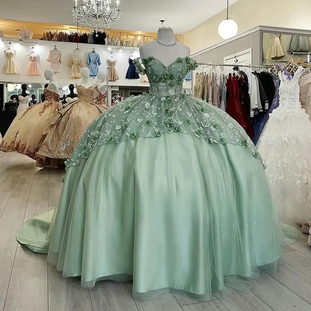 Vestidos de quinceañera Verde menta, vestido de baile sin hombros, tul Floral mexicano dulce 16, 15 años