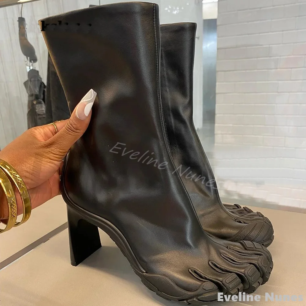 

Rose Red Five Finger Elastic Boots Women Black Leather Split Toe Square Heel Modern Side Zipper Mixed Color Mid Calf Sexy Boots