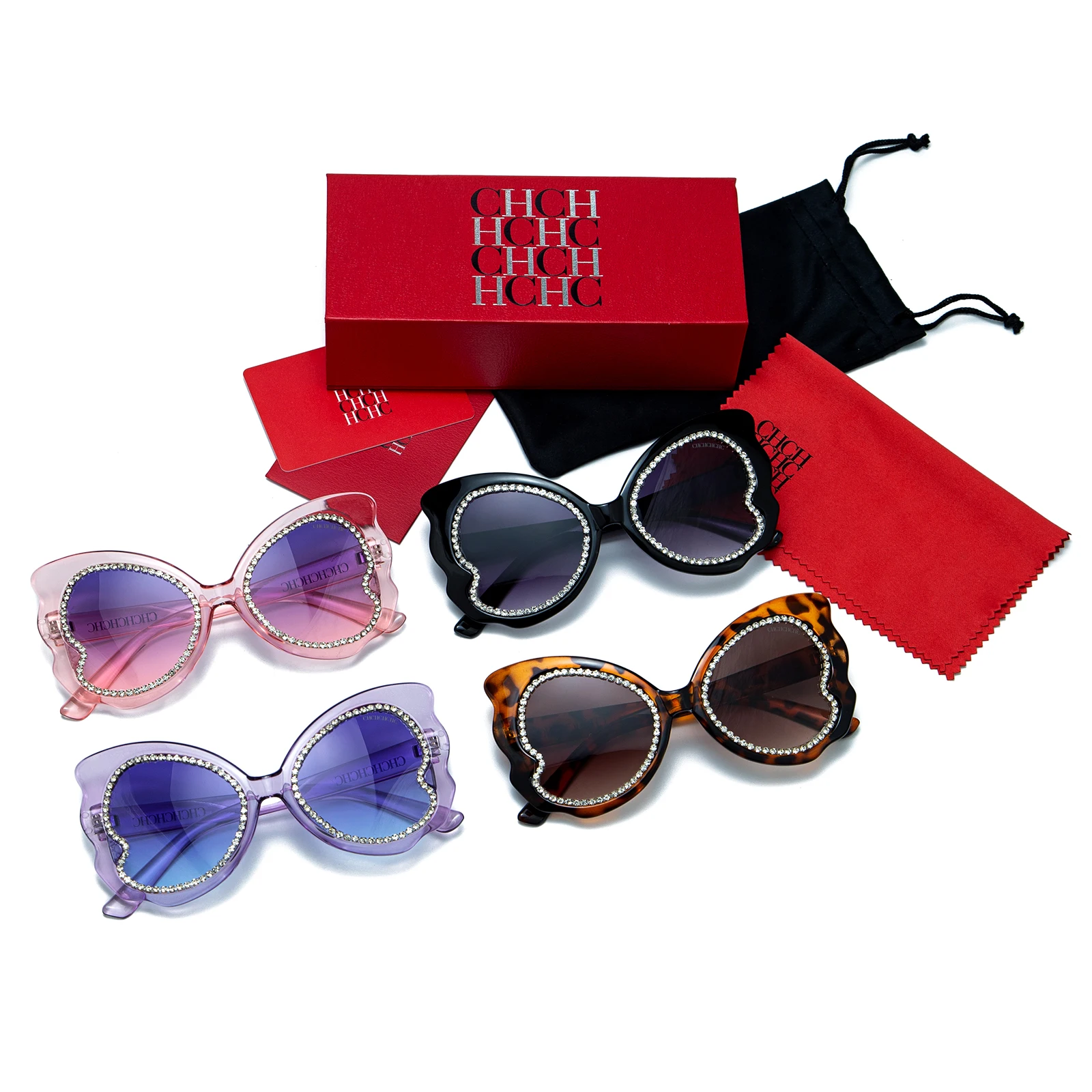 

2025 New Butterfly Shape Sunglasses Rhinestone Accent Party Glam Luxury Avant-Garde Gift Women Red Case