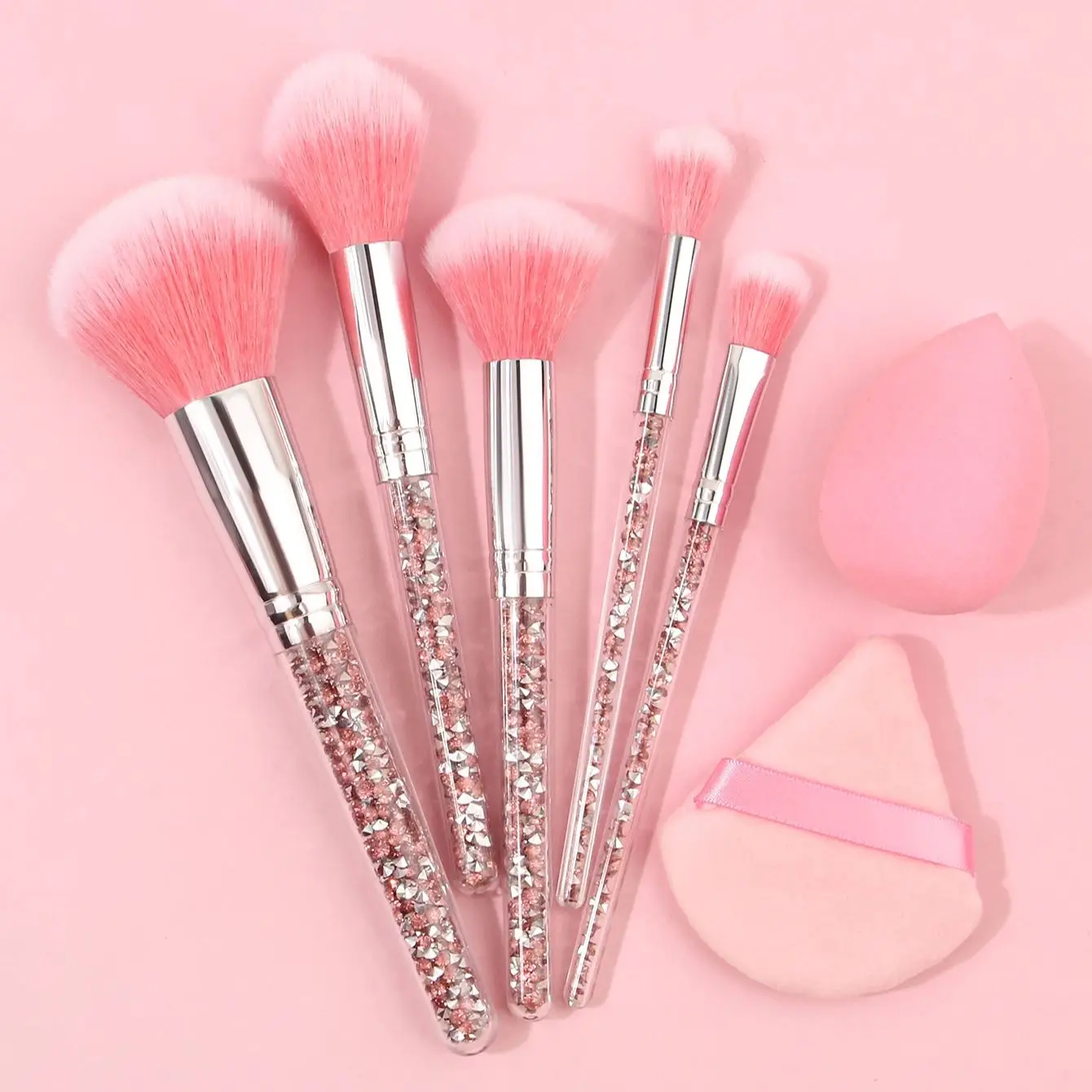 Pink diamond makeup brush 5pcs Portable Makeup Brush Set For Blush, Eyeshadow And Other Tools，1 sponge Powder 1puff Beauty Egg