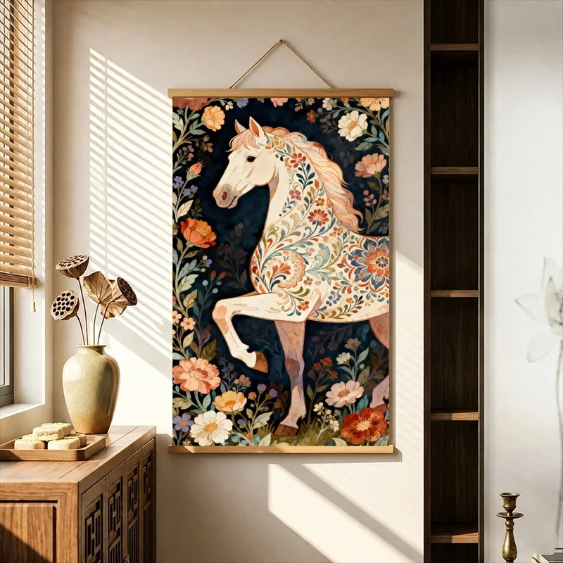 Wall Decorations Majestic Horse with Floral Halo, Art Nouveau Pearlescent Canvas Hanging Scroll with Wooden Rods for Study Room