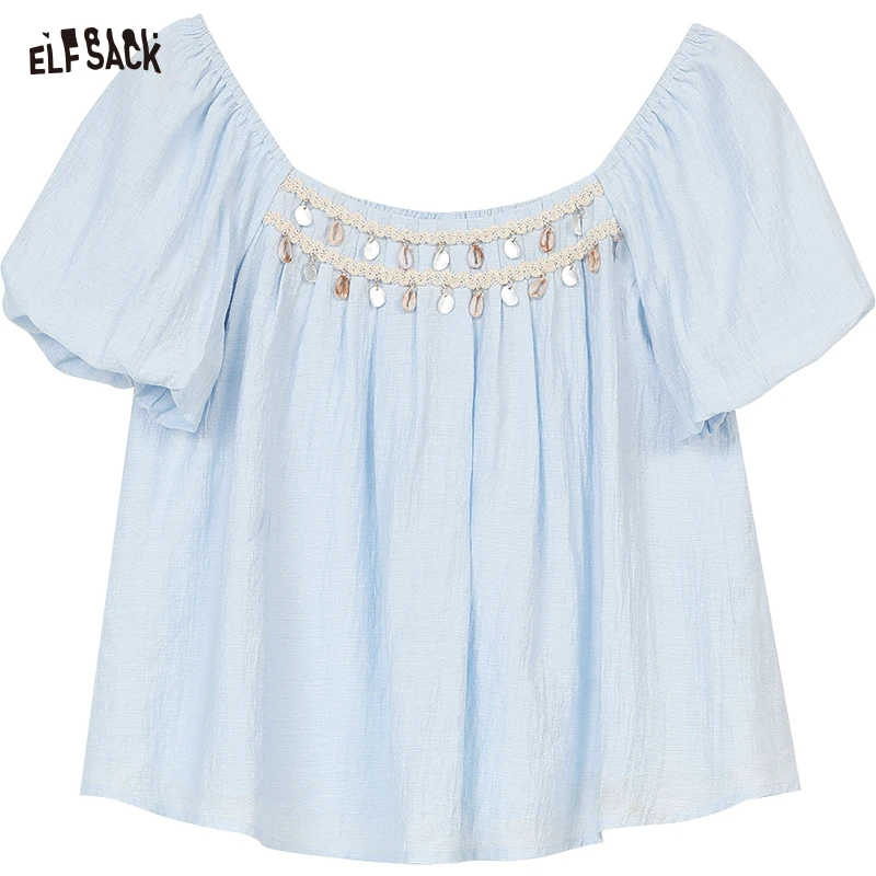 ELFSACK 2025 Summer New Arrivals Square Collar Shirt Shell Bead Bubble Sleeve Top