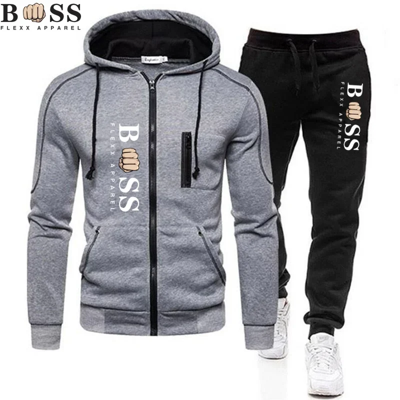 Brand Spring and AutumnBSS FLEXX APPAREL Fashion Zip Hooded Sweater Sweater Casual Sportswear Men\'s Suit Clothes Pants Men\'s Se