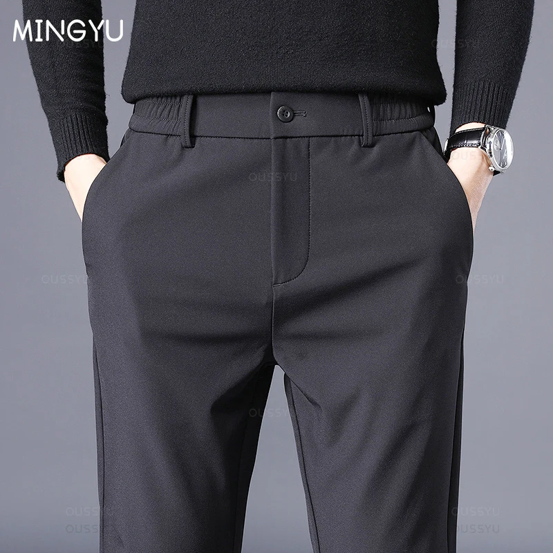 

Autumn Winter Men's Casual Pants Business Stretch Slim Fit Elastic Waist Jogger Korean Classic Black Gray Thick Trousers Male