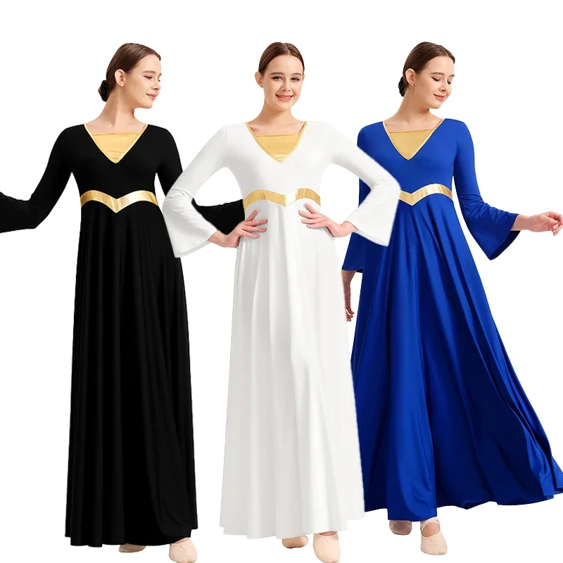 Vestido de baile de alabanza para mujer, bata de Iglesia de adoración litúrgica, Ropa de baile lírico, empalme metálico, corte libre