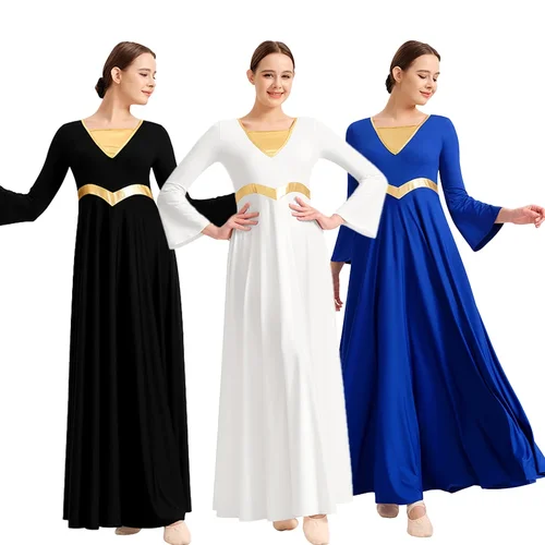 Imagen 2 del producto Vestido de baile de alabanza para mujer, bata de Iglesia de adoración litúrgica, Ropa de baile lírico, empalme metálico, corte libre