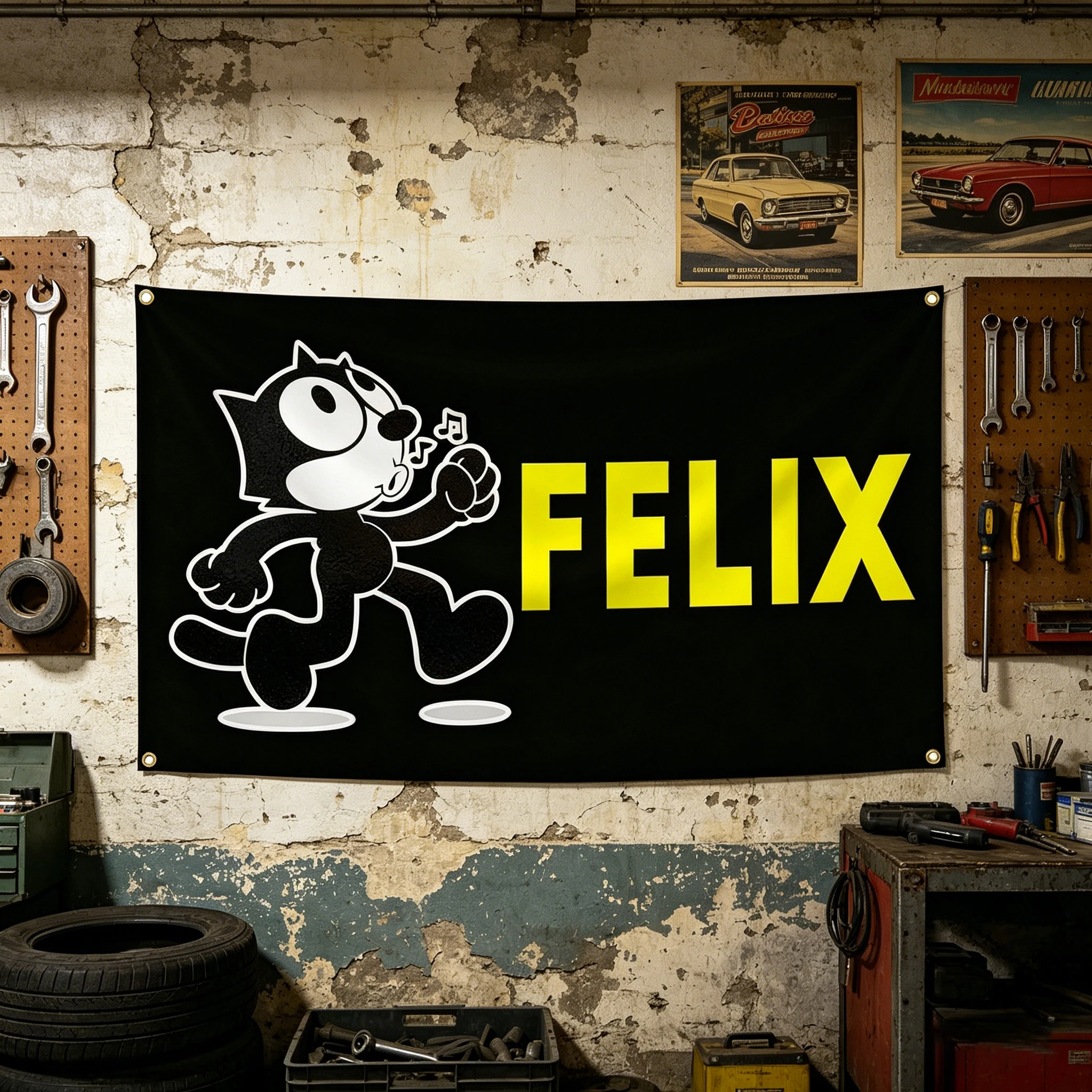 Felixs the Cat Vintage Cartoon Flag 3x5 Ft Polyester Banner With Brass Grommets For Garage JDM Decor