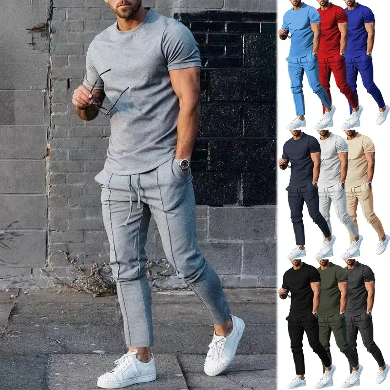 Sports Set Mens Fall 2023 Summer Solid Casual Round Neck Short Sleeve Sports T-shirt Two Piece Set for Men