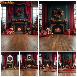 Christmas Home Background Photography Window Fireplace Wood Floor Gift Tree Bear Kids Baby Photo Backdrop Room Decoration Studio