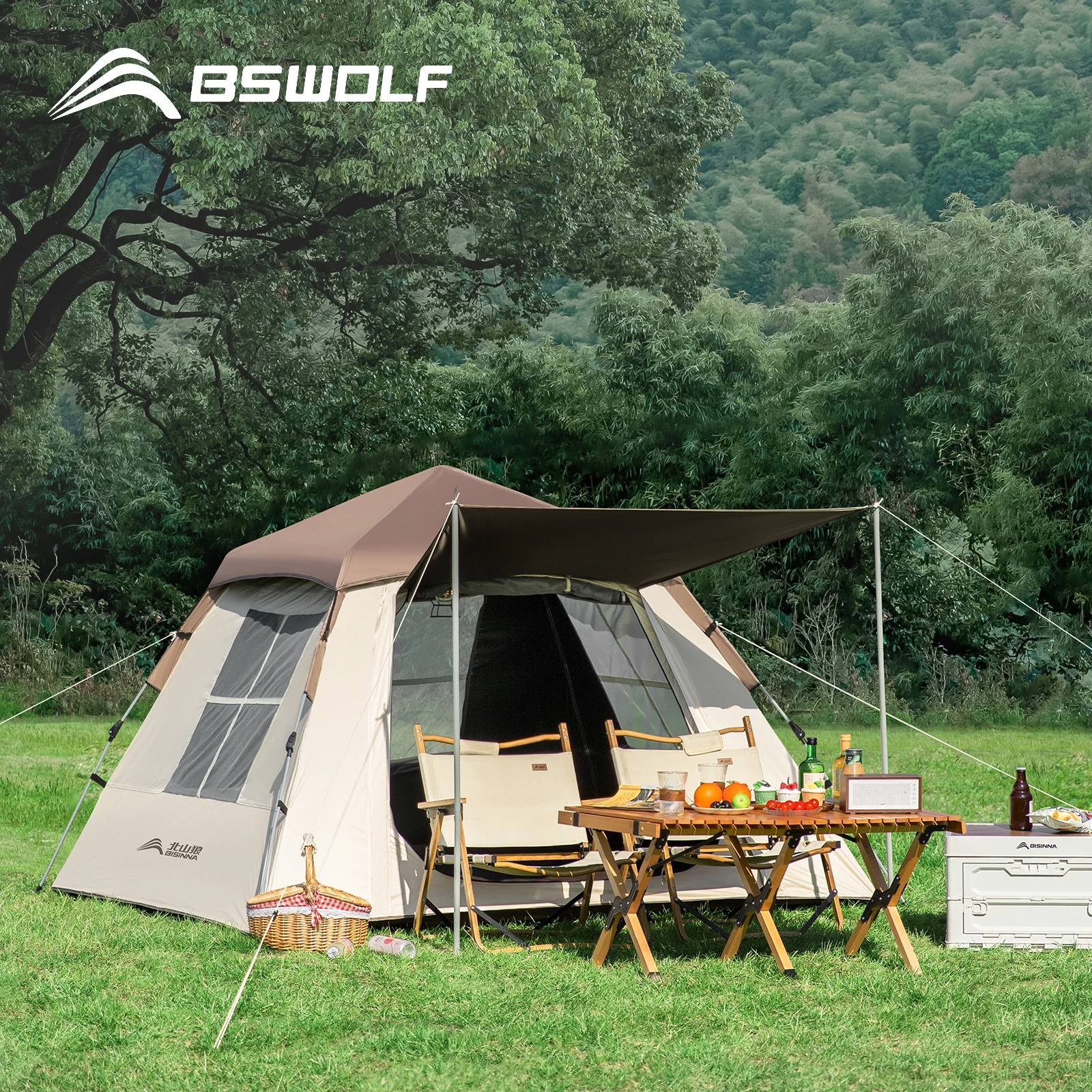 BSWolf Automatic Camping Family Tent Instant Pop Up Easy Set Up Black Glue/Silver Coated Tent Sunscreen Vinyl Tent Outdoor Hikin