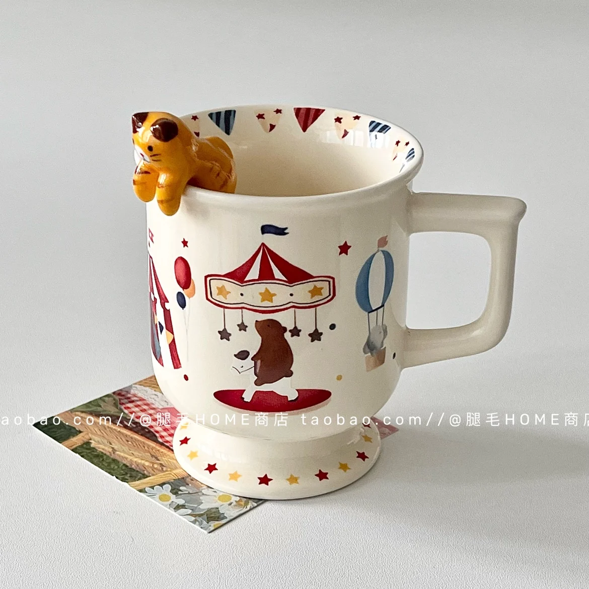 

Mug ceramic cute childlike geometric pattern cartoon animal printing dyeing hand-painted retro illustration goblet niche simple