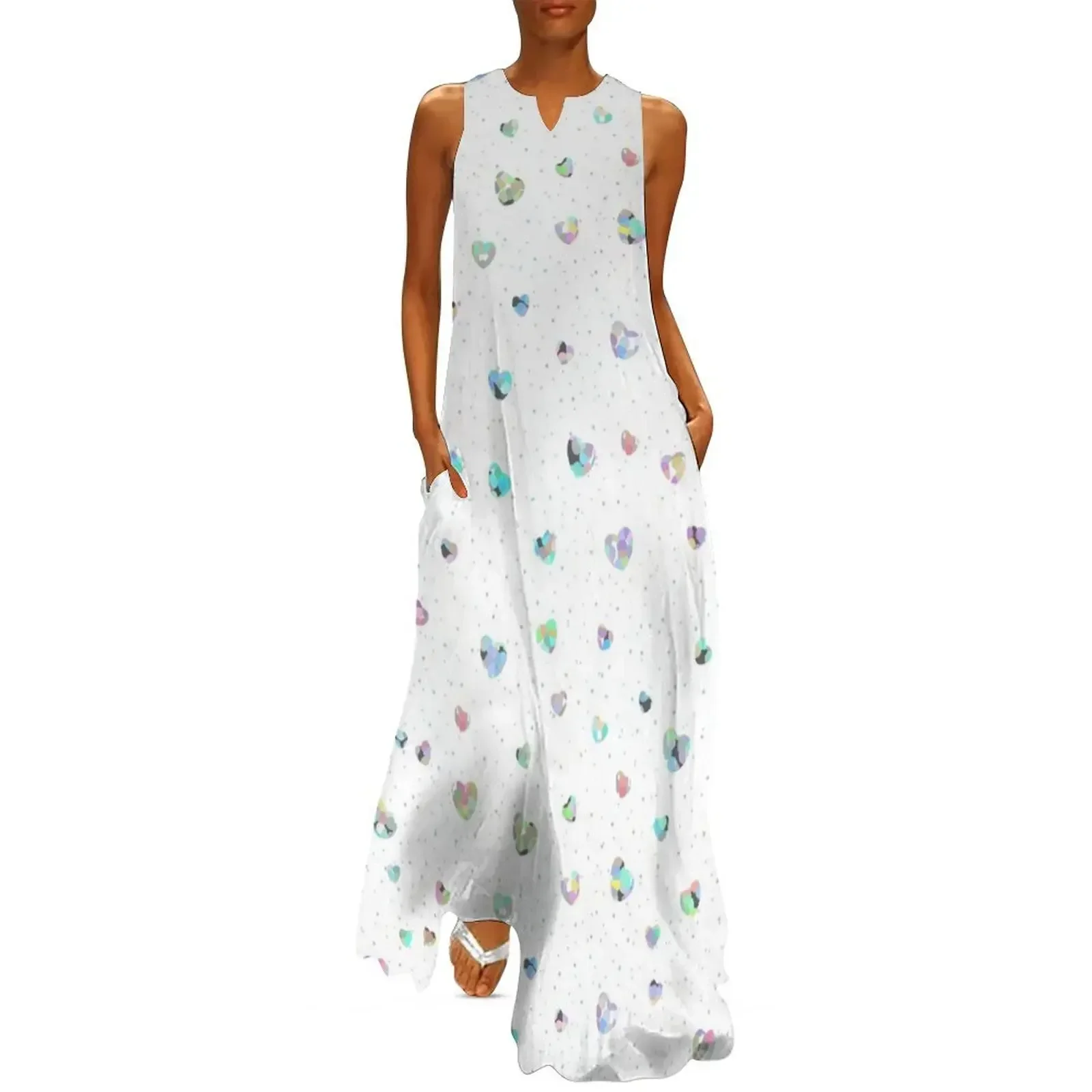 

Rainbow Holographic Iridescent Hearts Confetti Glitter Pattern (White) Long Dress dress for woman Women's summer dress