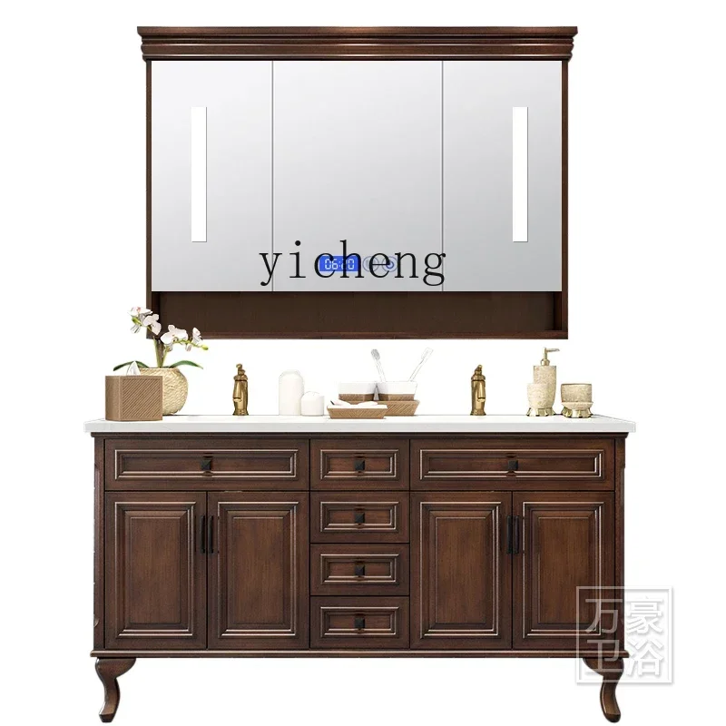 

oak double double basin bathroom cabinet combination face wash basin cabinet solid wood washstand