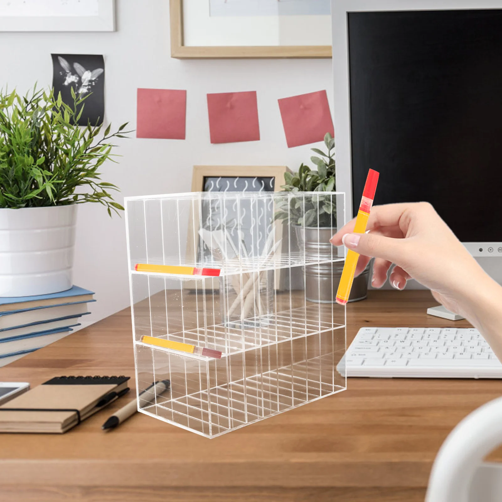 

Acrylic Pen Holder 2 Layers 5 Rows 10 Grids Marker ganizer Multifunctional Desk Storage Student School Supplies