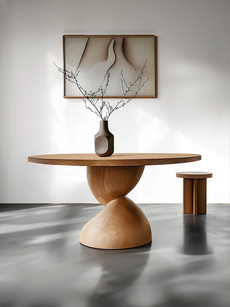 Tavolo da pranzo rotondo minimalista in legno massello di design con combinazione di tavolo da pranzo e sedia per la casa in noce wabi premium a forma speciale