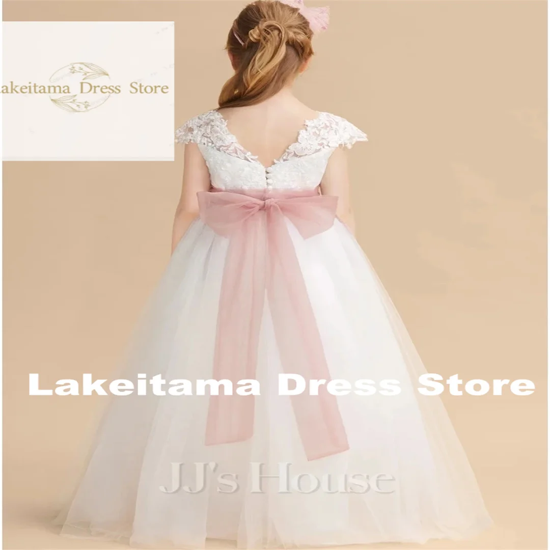 Customization Flower Girl Dresses Tulle Appliques With Pink Bow Ribbon Sleeveless For Wedding Birthday Party Banquet Princess Go