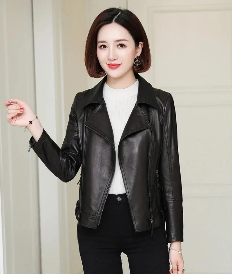 2024 New Women Leather Jacket Spring Autumn Fashion Suit Collar Slim Biker Leather Outerwear PU Streetwear Tops