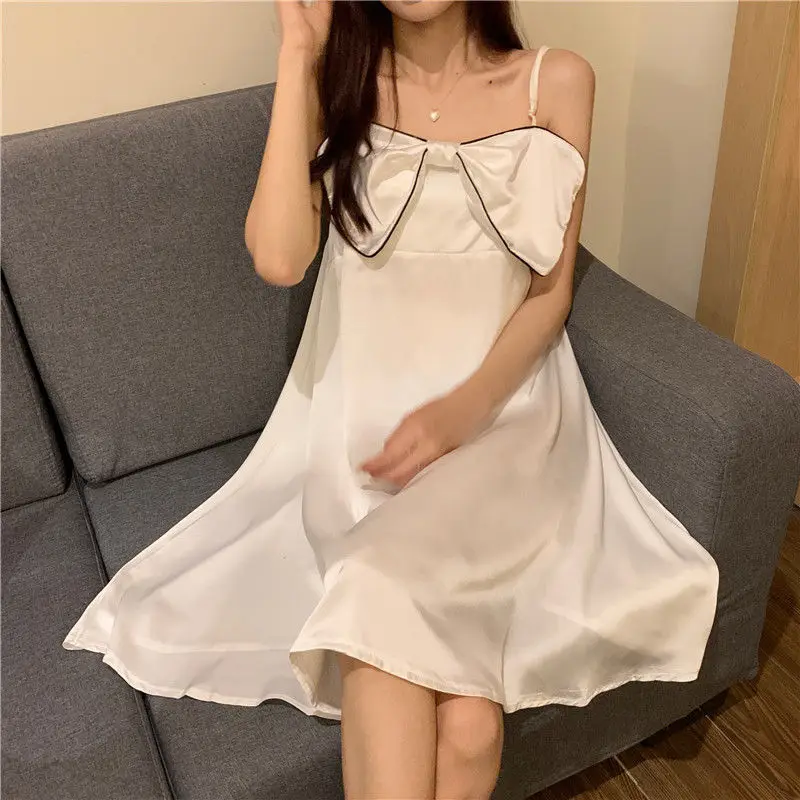 Princess Style Satin Sleepshirt Women Spaghetti Strap Nightwear Loose Home Dressing Gown with Bow Kawaii Nightgown Loungewear