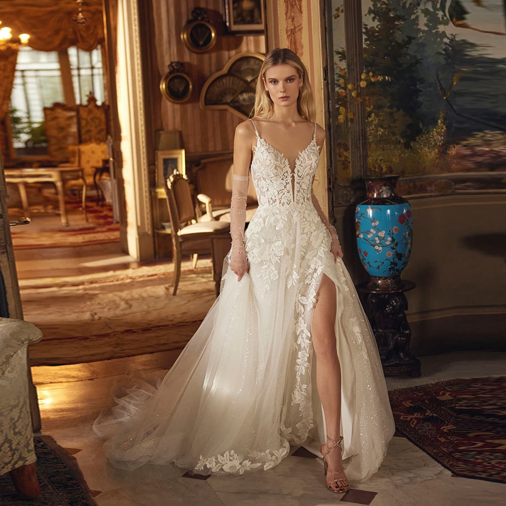 

Customized Sexy V Neck Lace Applique Wedding Dresses Backless Bridal Gowns with Side Split Glitter Tulle vestidos de novia