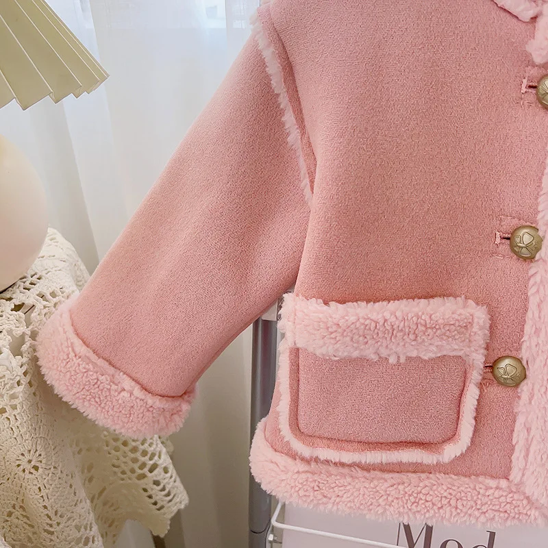 2024 Winter New Girls Jacket Solid Color Lamb Wool Lining Thick Keep Warm Lapel Fashion Coats For 2-8 Years Kids Plush Snowsuit