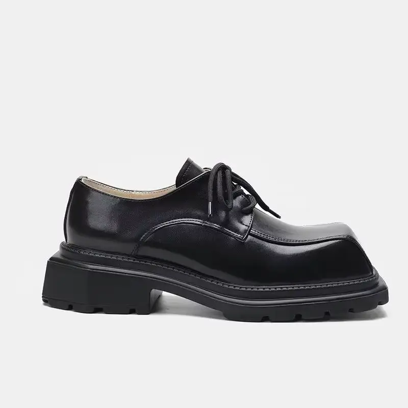 

Square Toe Green Bottom Loafers 2025 New Women/men Platform Lace Up Derby Shoes Black Leather Spring Fashion Shoes 3-5Cm Sole