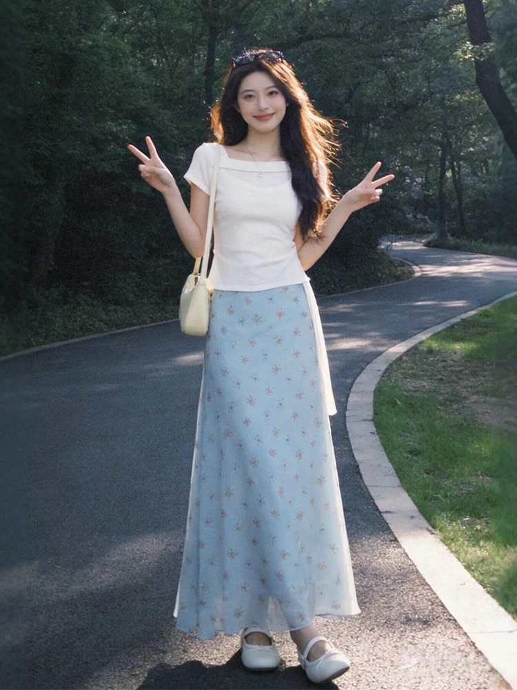 

Summer 2026 White Floral Print Half Skirt Set Women's Fashion Comfortable Loose Fit Short Sleeve Two-Piece Outfit High Waist