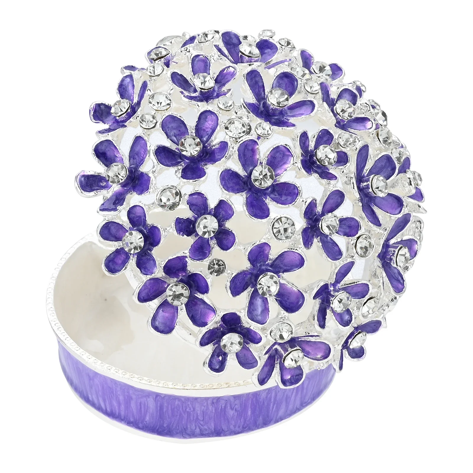 

Purple Flower Trinket Box Alloy Jewelry Case Magnet Hinged Closure Crystal Rhinestones Decor Dresser Mirror Tray Gift 81mm/3.1In