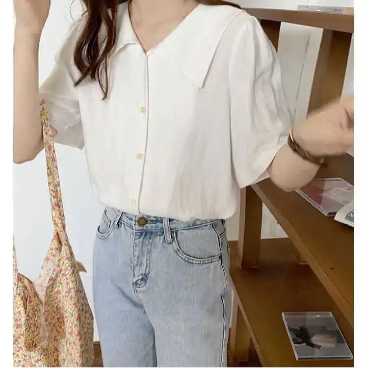 레트로 프로페셔널 돌 칼라 오르트 스웨이트 여성용 여름 신상 홍콩 스타일 패셔너블하고 젊은 감각의 다용도 탑