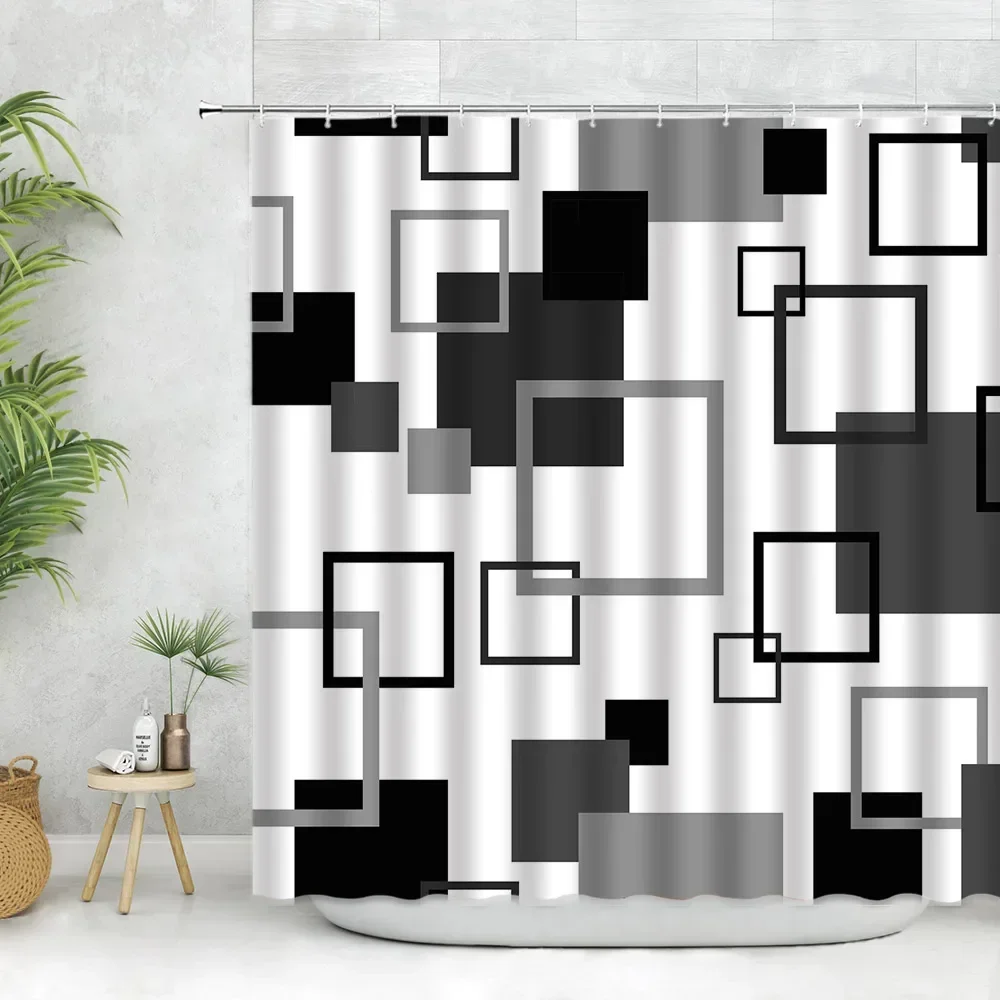 Modern Black Shower Curtain Set with Hooks-Black and White Shower Curtain for Bathroom Fabric Geometric Bath Curtains with Hooks