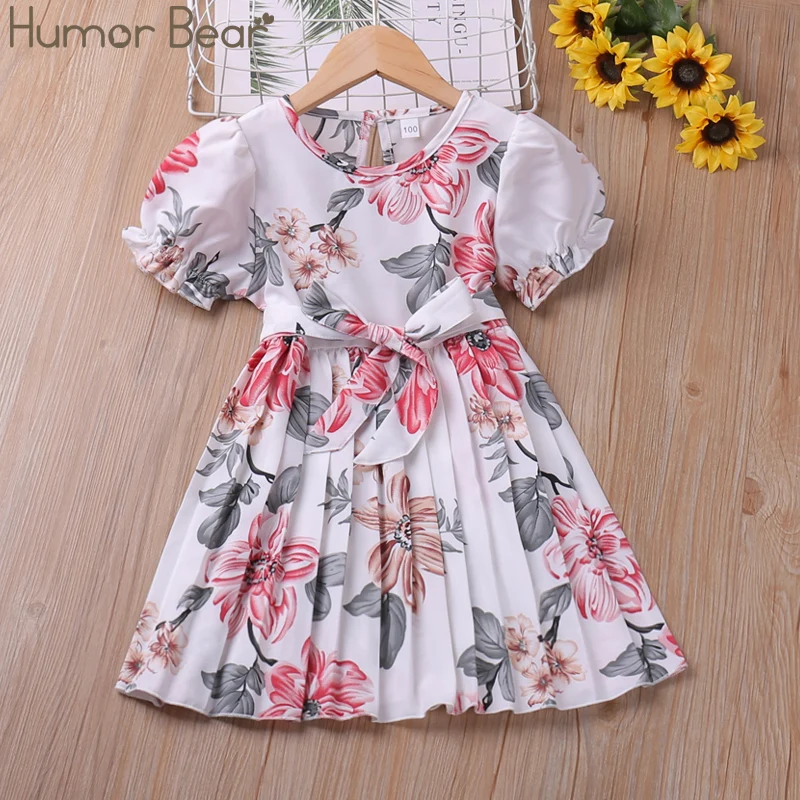 Humor Bear Girl Kid's Dress Printed Princess Dress Summer White Puff Sleeve Princess Bow Belt Decoration Children Dress