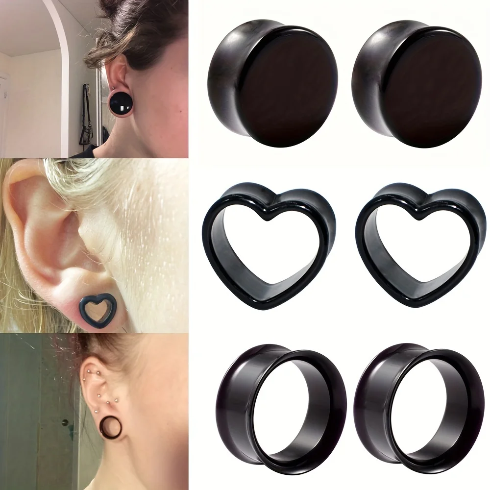 2PCS Black Acrylic Round Heart Hollow Ear Tunnel Plug Double Flared Saddle Expander Fashion Simply Ear Piercing Jewelry 6-16mm