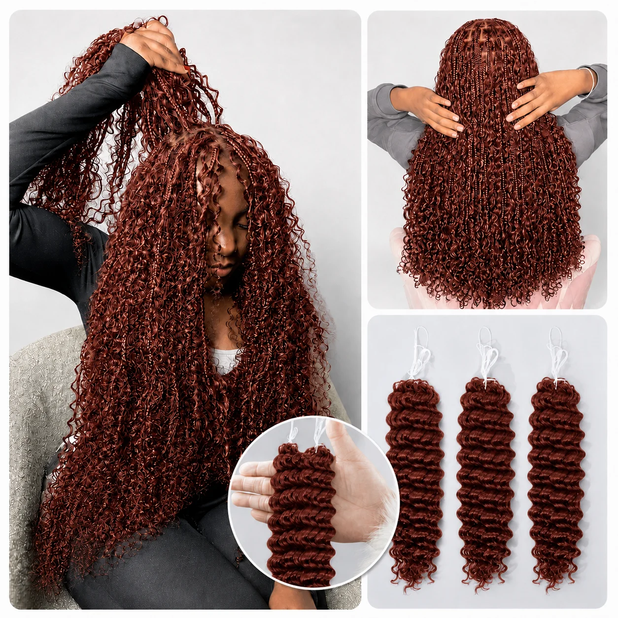 Extensiones de Cabello Humano Tejido a Crochet Marrón Rojizo para Mujeres Negras, Ondas Profundas, Nudos Milagrosos, Cabello Suave como Pluma, Extensiones de Cabello Natural con Puntas Completas