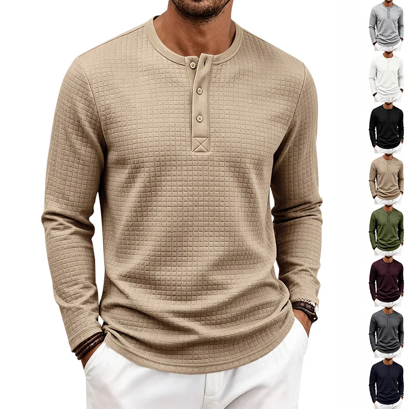European, American Spring and Autumn Heavy Men's Retro Jacquard Checked Loose Casual Outdoor Long Sleeve Henry T-Shirt