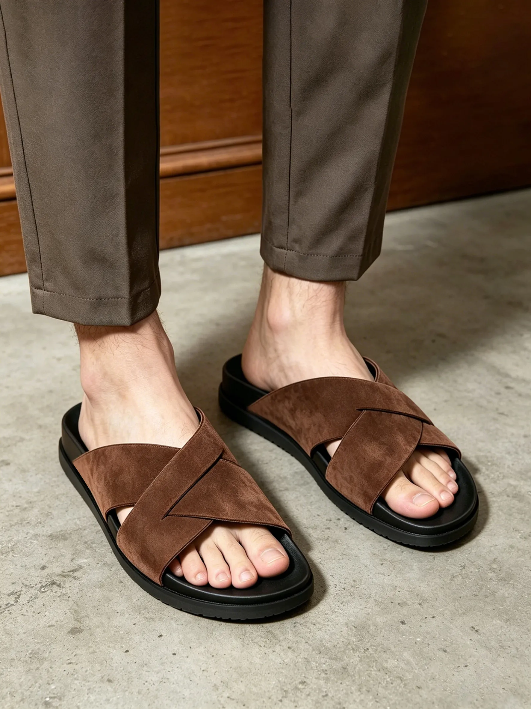

Men's Breathable Slippers, Vintage Thick-soled Quality Shoes In Cow Suede, Youthful Cross-strap Sandals, Stylish Outdoor