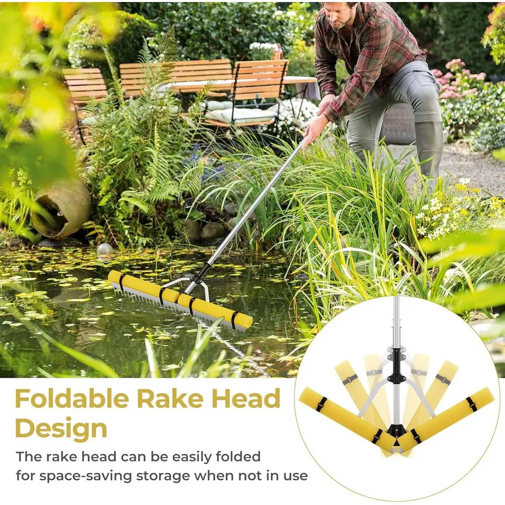 36 Detachable Multifunction Weed Rake with Extension Handle, Rope, and Float for Leaf and Debris Removal