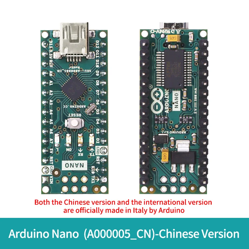 Origineel officieel A000005 Arduino Nano ontwikkelbord, uitgerust met de ATmega328 microcontroller.