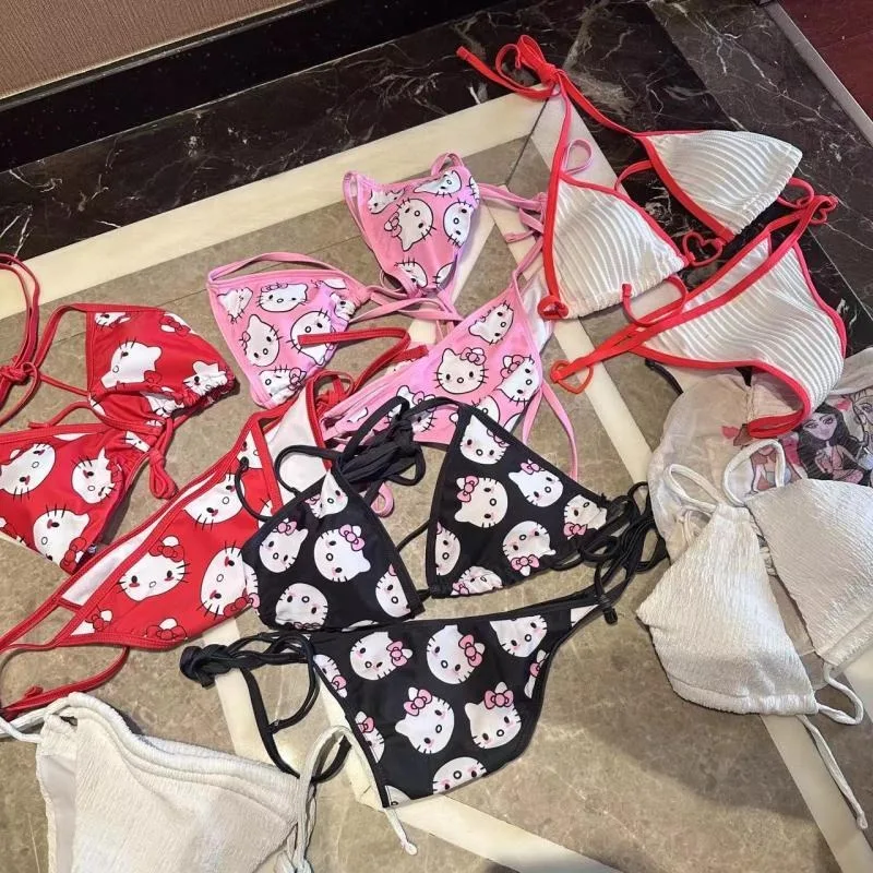 Uroczy seksowny strój kąpielowy dla kobiet Hello Kitty zestaw Bikini Cartoon Ins wiozane na boku plażowy styl bandaż brazylijskie stroje kąpielowe