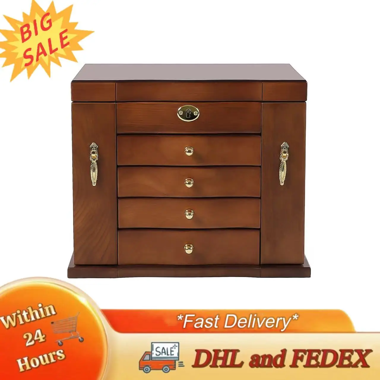 

5 Tiers Retro Wooden Jewelry Box for Women Wood Organizer with Combo Lock and Mirror for Jewelries, Necklaces, Rings