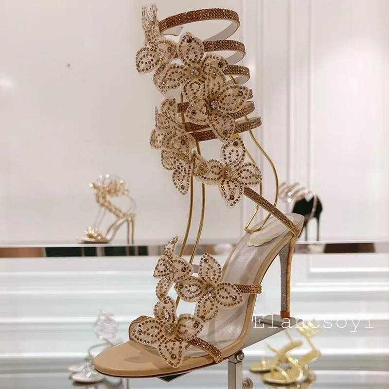 Summer Genuine Leather Sparkling Bow Crystal Sandals Women's Gladiator Ankle Strap Fashionable Sandalia Sexy Party Dress Shoes