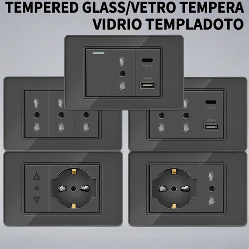  Enchufes de interruptor de pared Premium T&IWall: carga rápida USB-C, enchufe italiano, toma Schuko de Chile y vidrio templado para hogares modernos 