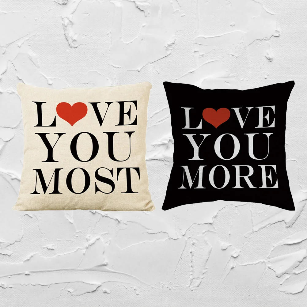 

2Pcs Romantic Letter Pillow Covers Linen Decorative Pillowcases Valentine Day Cushion Cover Love You More Love You Most