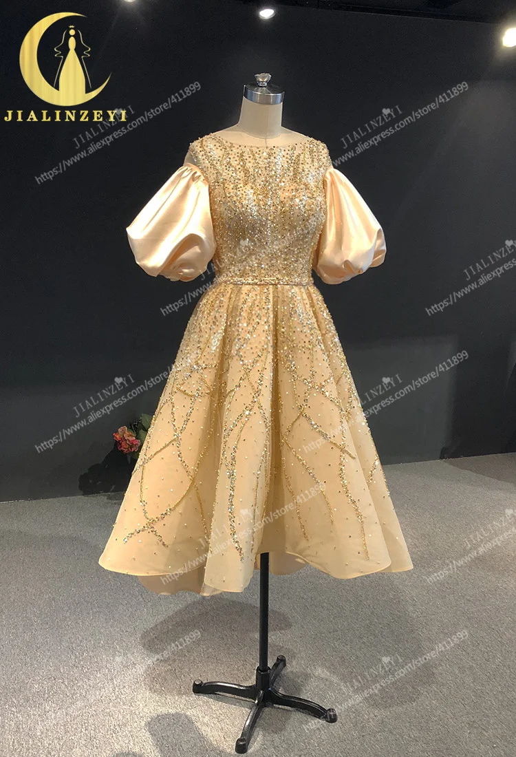 1766 Real Gold Short Sleeves Beaded Front short long back  فساتين سهره فاخرة طويلة party dresses robe de soirée evening dress