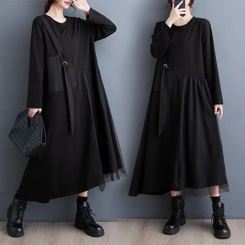 

2023 Autumn Pure Black Korean Edition Mesh Spliced Dress Fashion Style Long Sleeve Large Size Women's Mid Length Dress Z3365