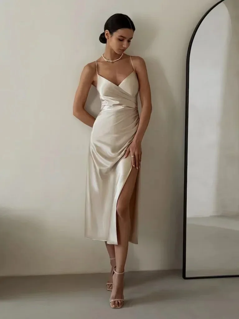 

Customized Sexy Charmeuse Criss-Cross Pleat A-line Spaghetti strap Midi Dresses Bespoke Occasion Dresses Sizes Available Fashion