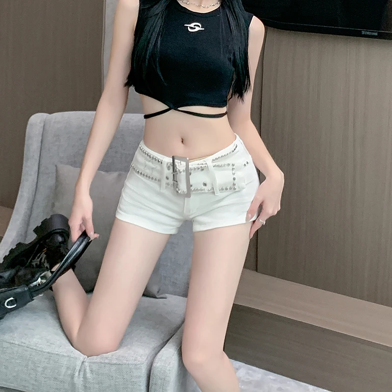 

Low Waist Denim orts Women's Summer American Y2K Butt Hing Straight Leg Hot Pants White Jeans Belted Design Sensation