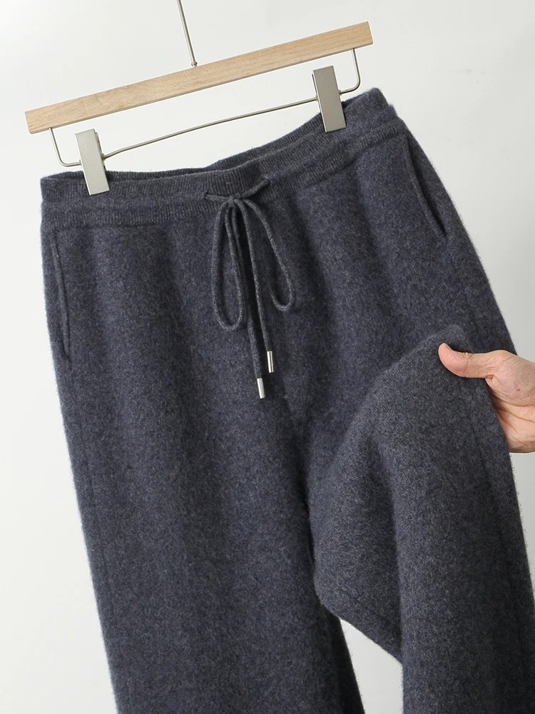 Men Wool Banana Pants Autumn Winter Loose Thicken Pencil Pants Drawstring Elastic Waist 100% Merino Wool Knitted Casual Trousers