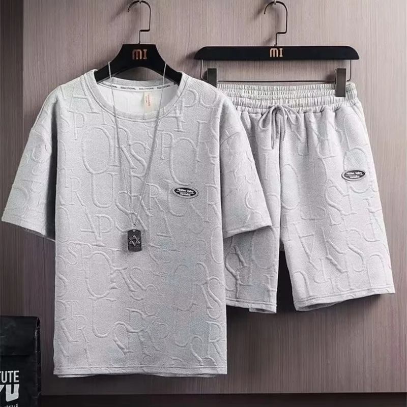 

Men's New Waffles Summer Casual T-shirt + Shorts Suit Basketball Sportswear Letter Print Solid Track and Field Set