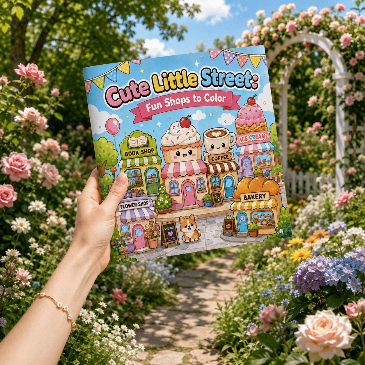 Cute Little Street Adult Coloring Book, Cozy Shops, Sweet Town Scenes, Friendly Animals and Storefront Illustrations