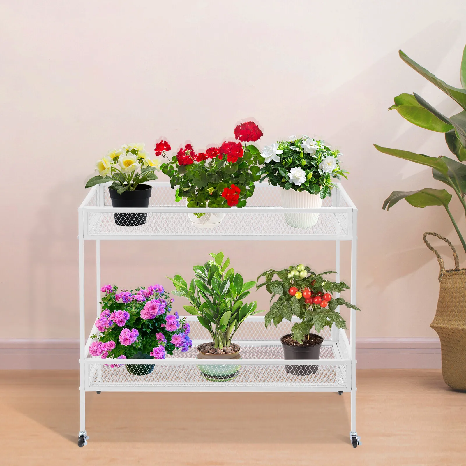 

2-уровневая мобильная полка для хранения, передвижная садовая тележка, железная подставка для растений, напольная подставка для 40,16*16,14*40,35 дюйма с колесами