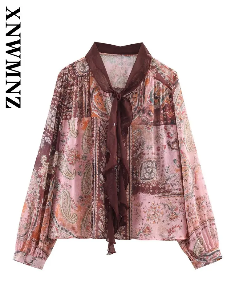 

XNWMNZ 2026 Spring Woman's Bohemian Casual Long Sleeve Long Sleeve Top Holiday Fashion Lady Stand Collar Vintage Shirt Bowknot